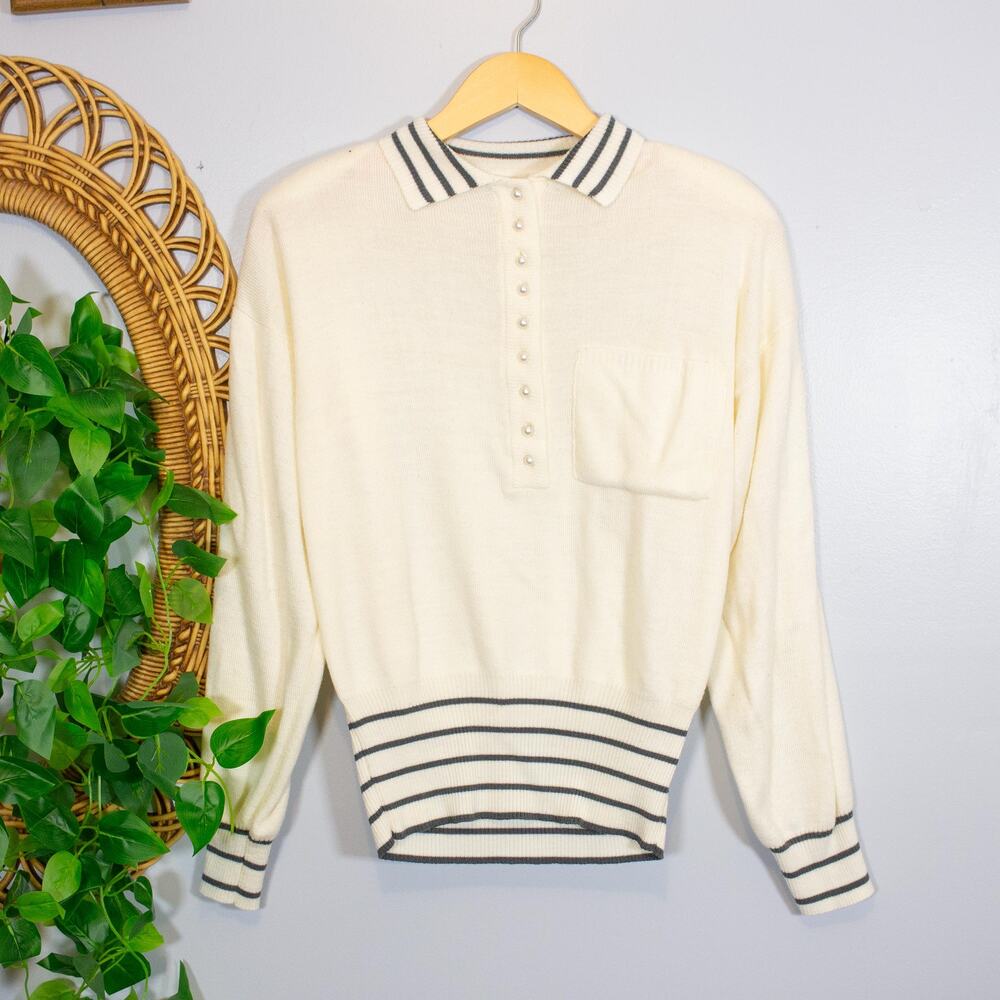 VTG 80s Wool Blend Stripe Trim Henley Sweater Preppy Minimalist | Light Spring